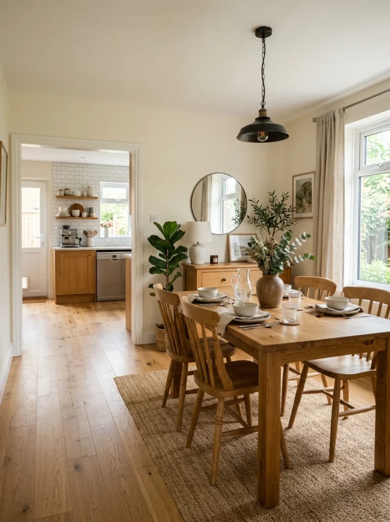 Rectangular dining table positioned to maintain a clear path toward the kitchen.