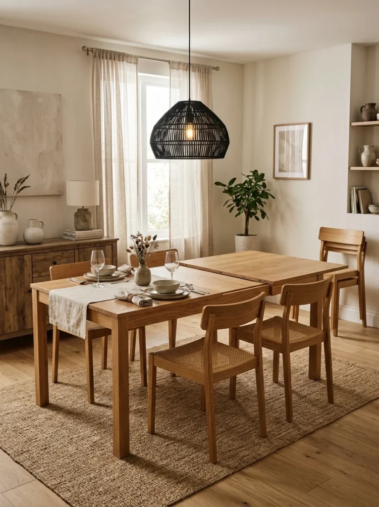 Extendable dining table with a removable leaf for flexible guest seating.