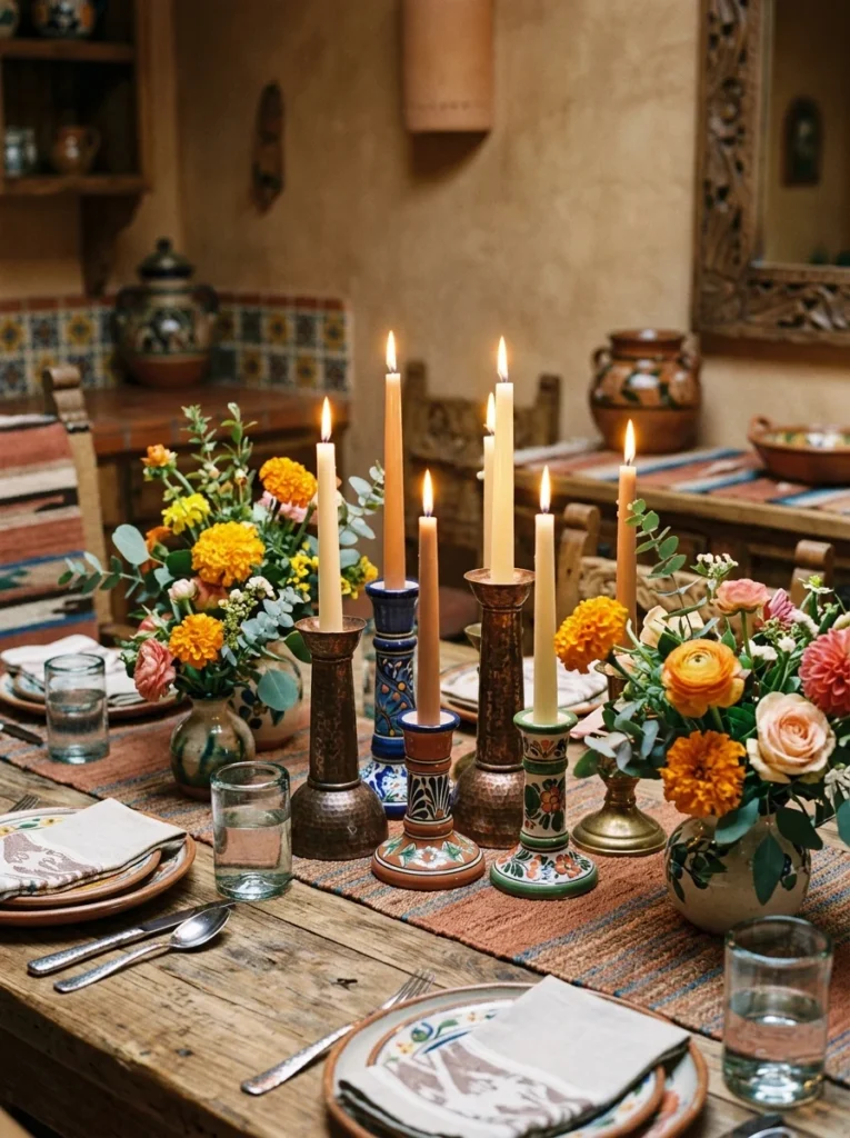 Mixed metal and ceramic candle holders on a rustic dining table.