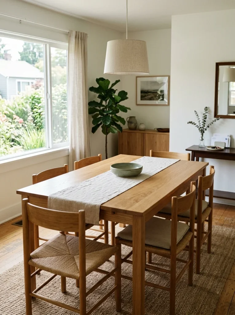 Clutter-free dining table kept ready for everyday family meals.