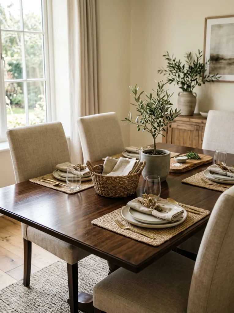 Natural materials and woven textures softening a formal wood dining table.