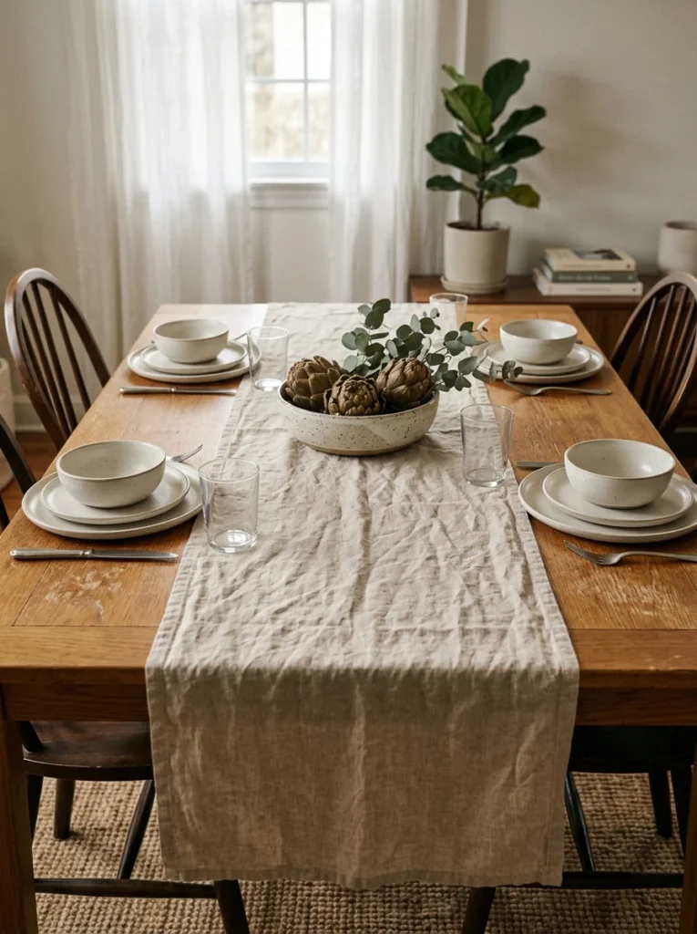 Simple linen table runner adding relaxed everyday style to a wood dining table.