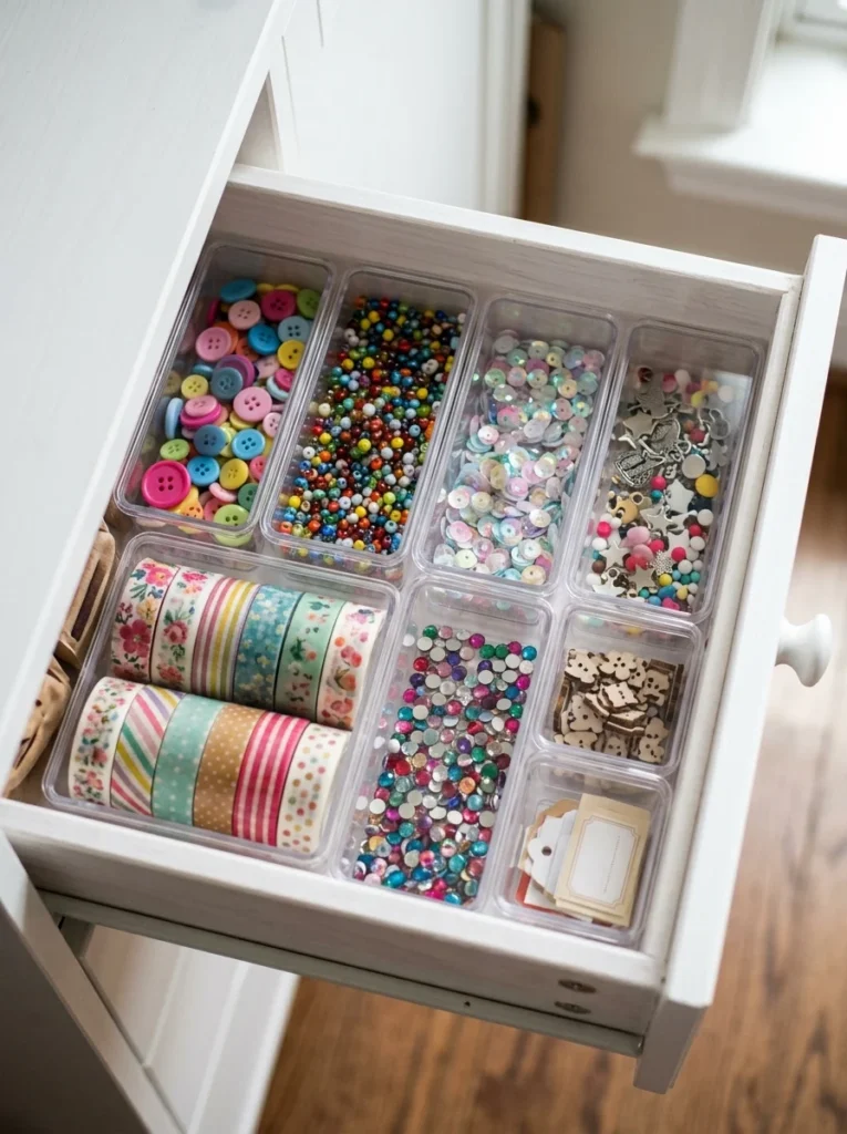 Drawer organizers storing beads and craft embellishments.