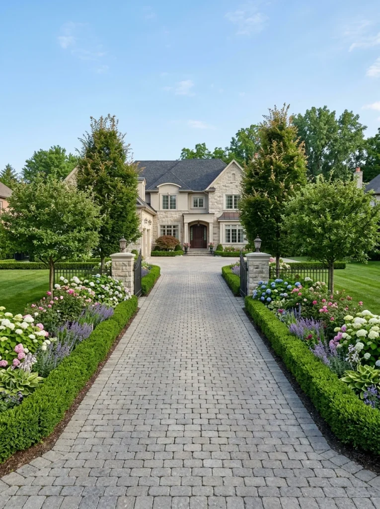 Symmetrical landscaping at a driveway entrance.