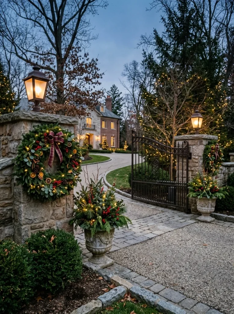 Tasteful seasonal decor at a driveway entrance.