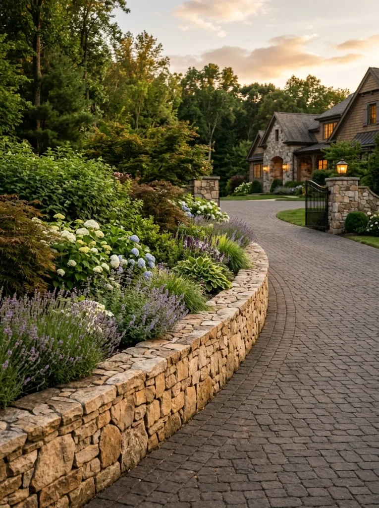 Stone retaining wall adding structure to a driveway entrance.