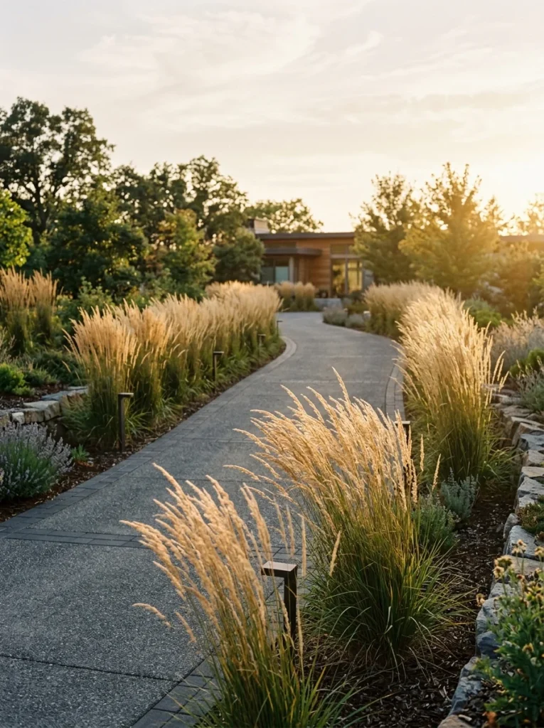 Ornamental grasses lining a driveway entrance.