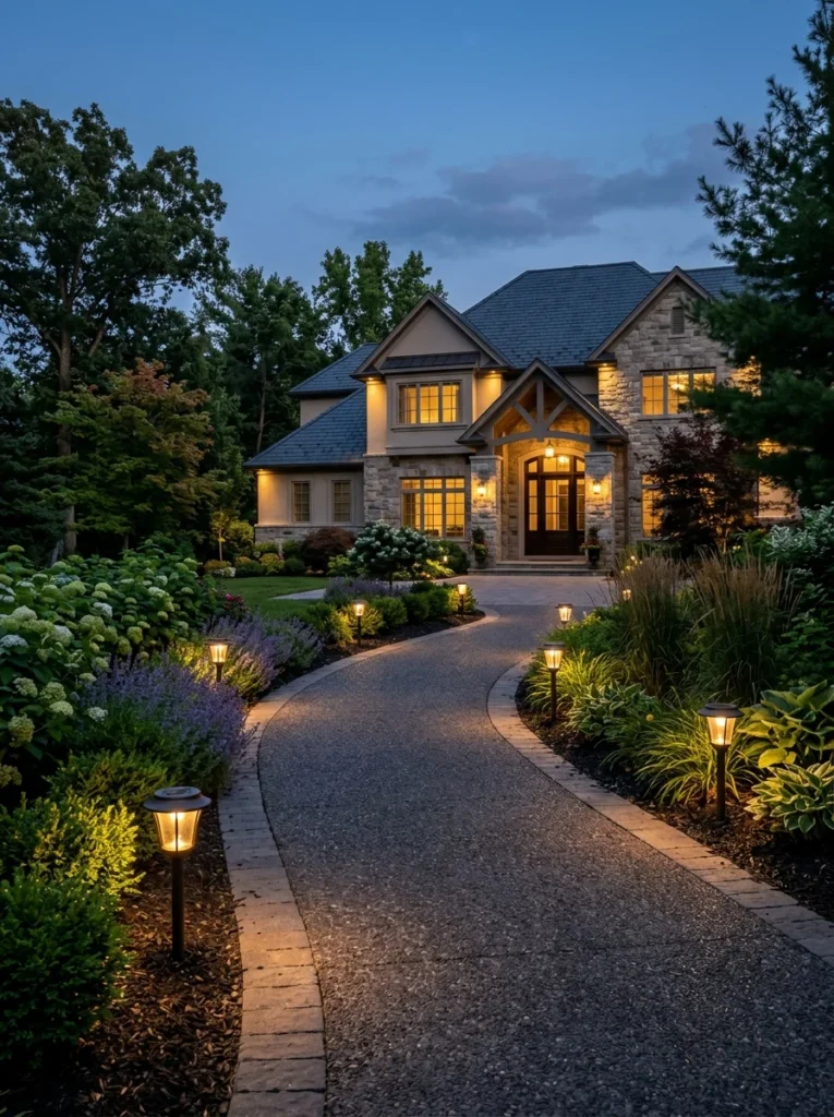 Solar pathway lights illuminating a driveway entrance.