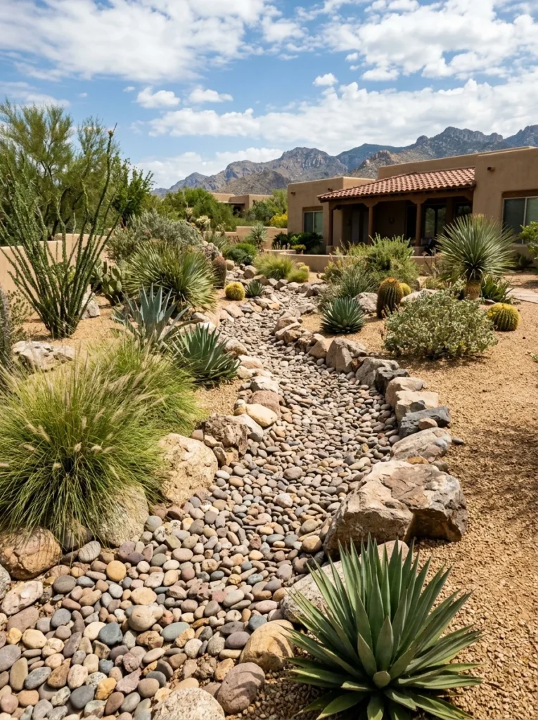 Dry riverbed with river rocks and native grasses in a desert backyard.