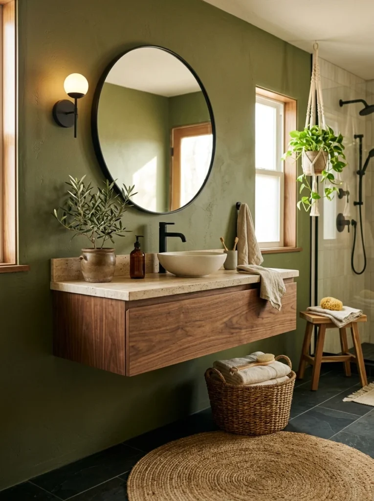 Olive green bathroom with walnut vanity and black hardware.