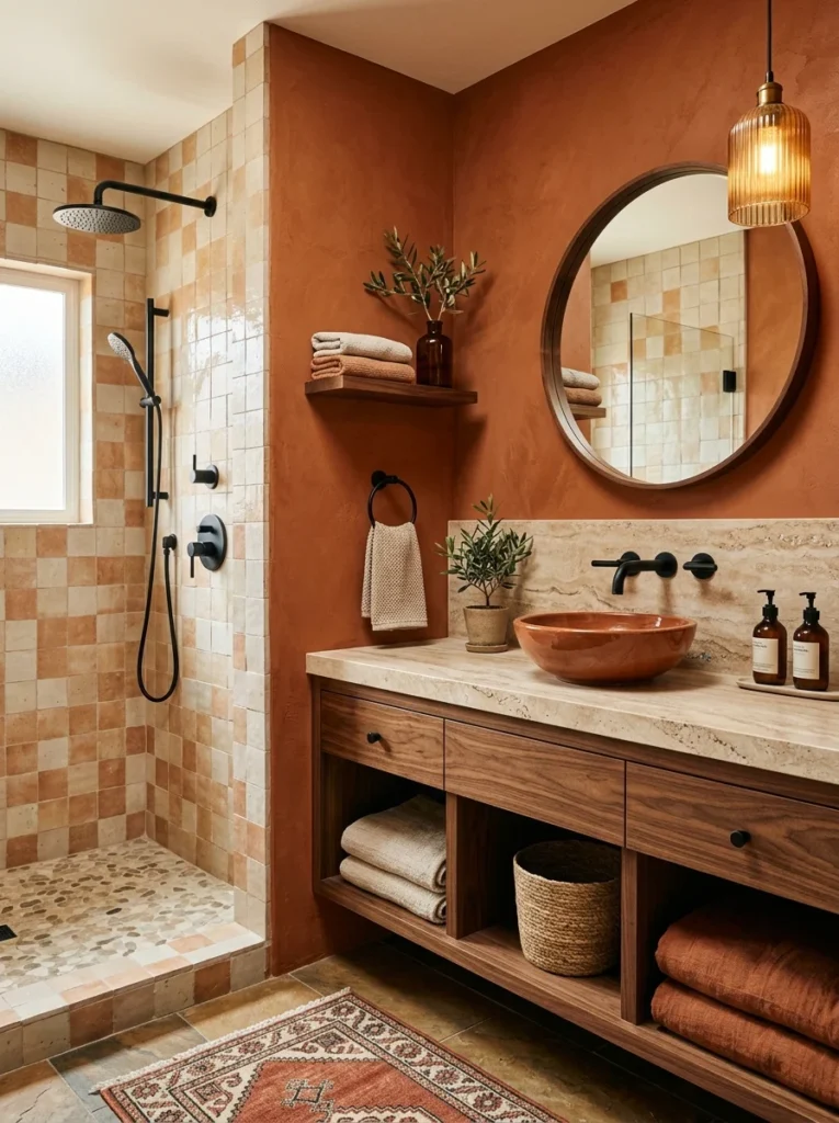Rust orange bathroom with black fixtures and stone accents.