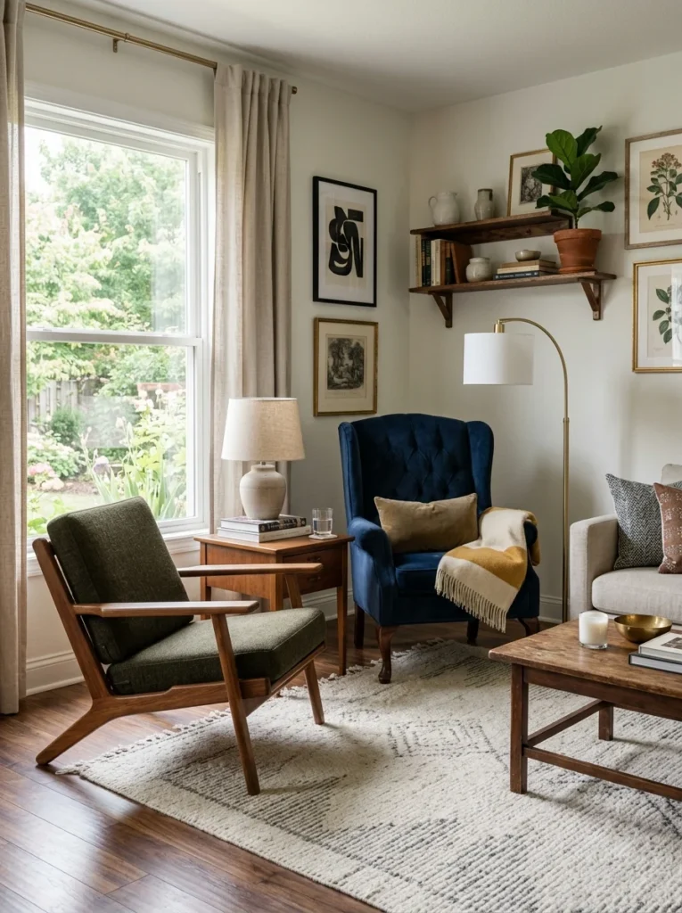 Living room mixing mid-century and traditional chairs in a curated design.