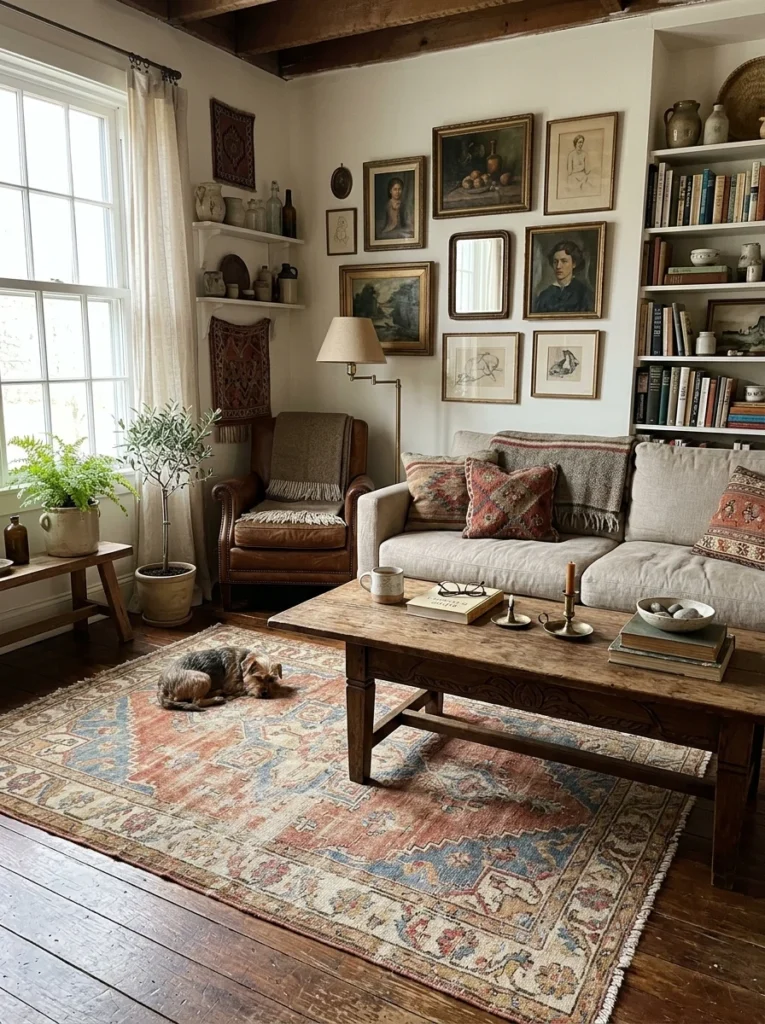 Vintage Turkish rug adding character to an eclectic living room.