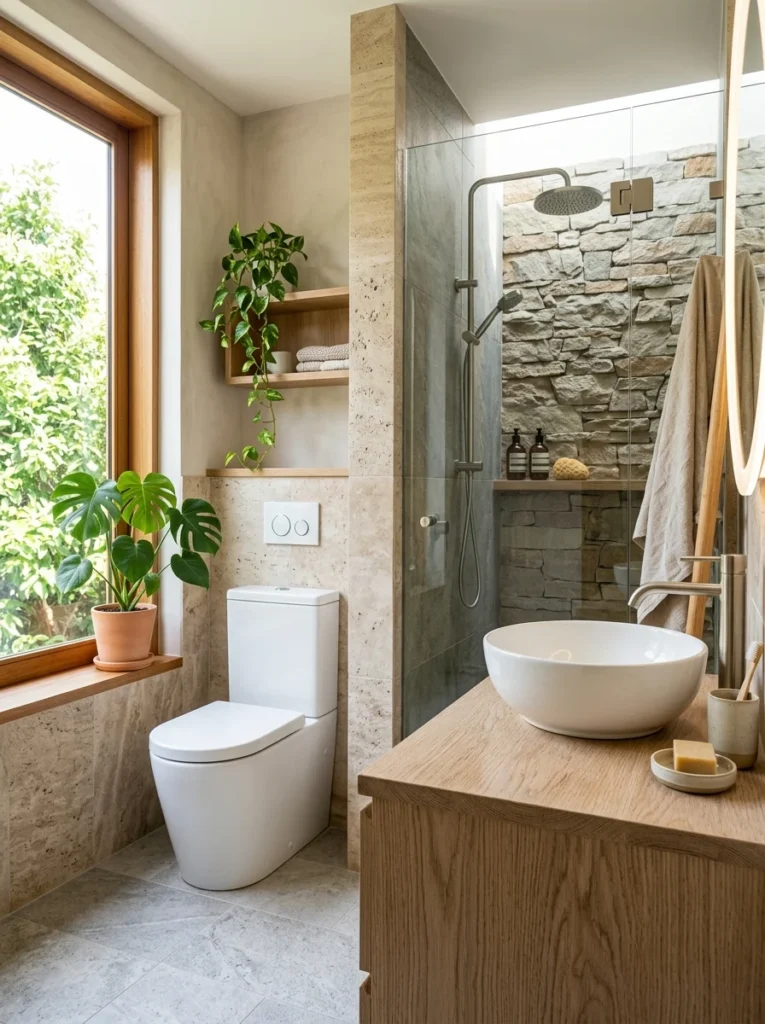 Sustainable bathroom featuring low-flow fixtures and eco-friendly materials.
