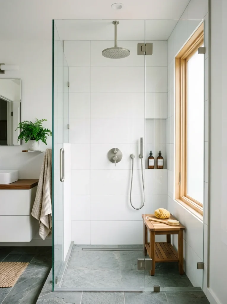Water-efficient rainfall shower head in a modern bathroom.