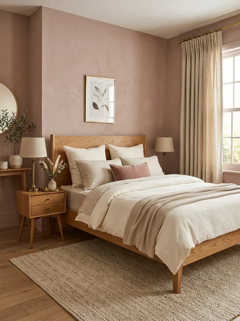 Dusty rose bedroom with warm wood furniture.