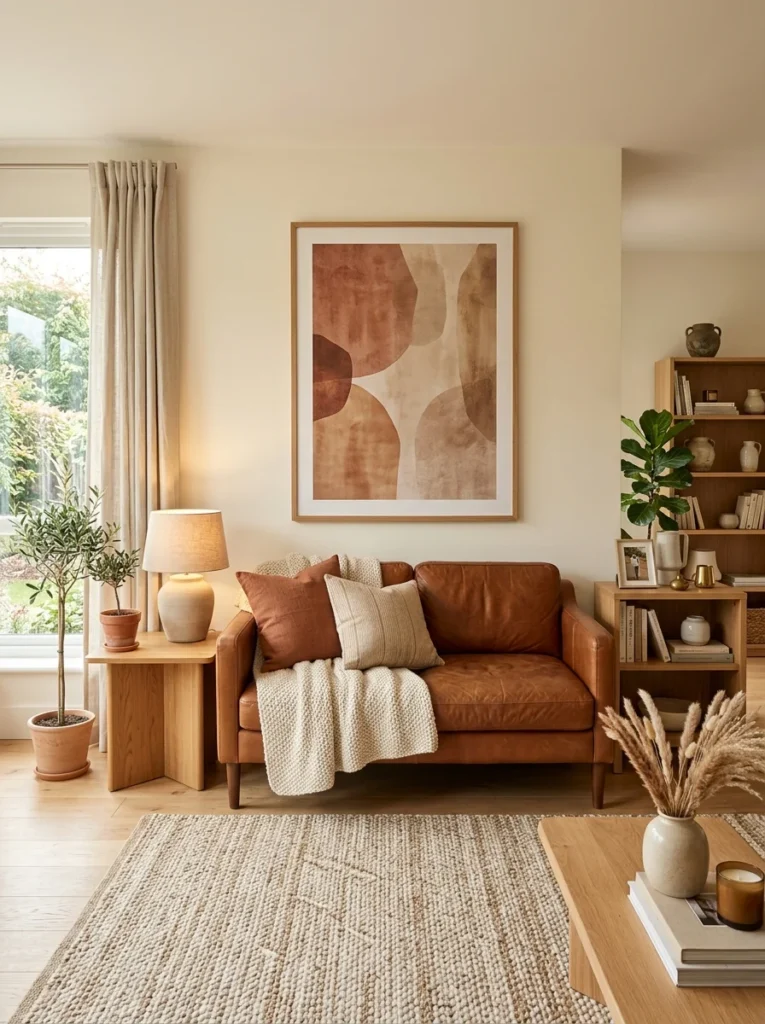 ognac leather sofa against a warm neutral wall with earthy artwork.