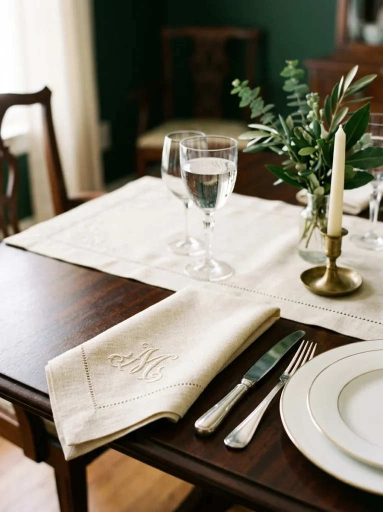 Embroidered linen napkins and table runner styled on a traditional dark wood dining table.