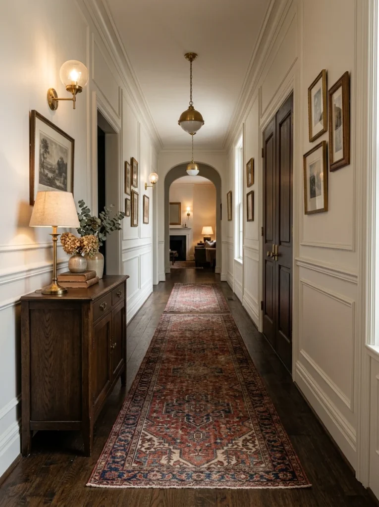 Bold vintage Persian runner rug decorating a long hallway.