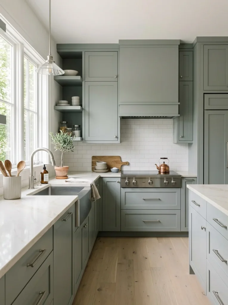 Terracotta kitchen accent wall behind natural wood open shelving.