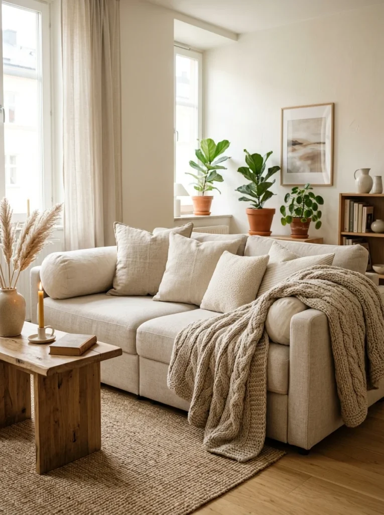 Convertible sofa styled with decorative bolster pillows.