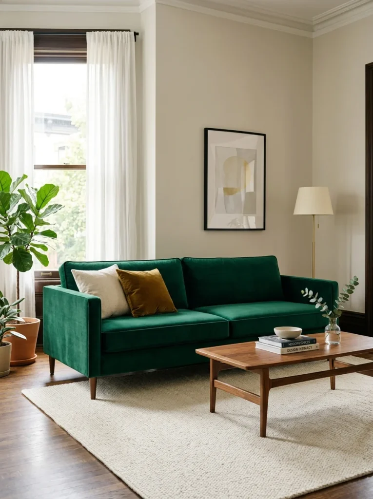 Solid emerald green modern sofa creating a bold living room focal point.