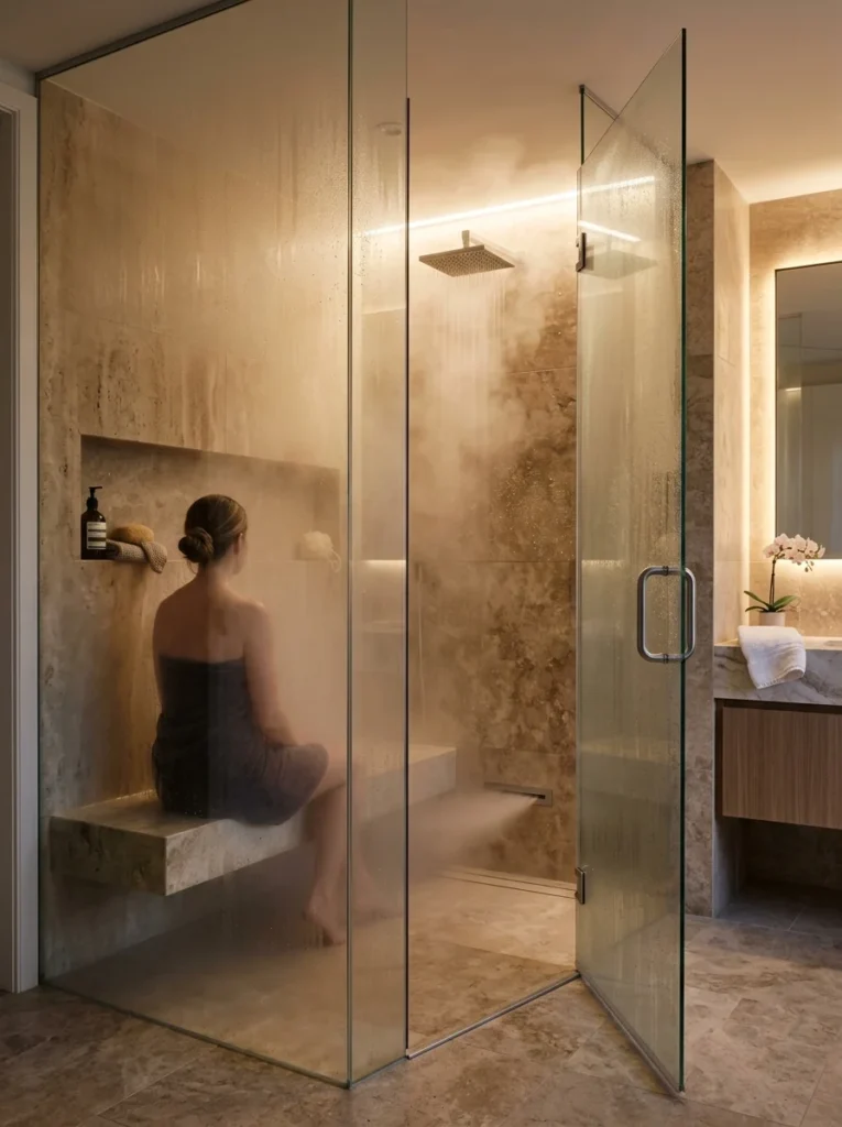 Luxury steam shower with a built-in bench and warm spa-inspired design.