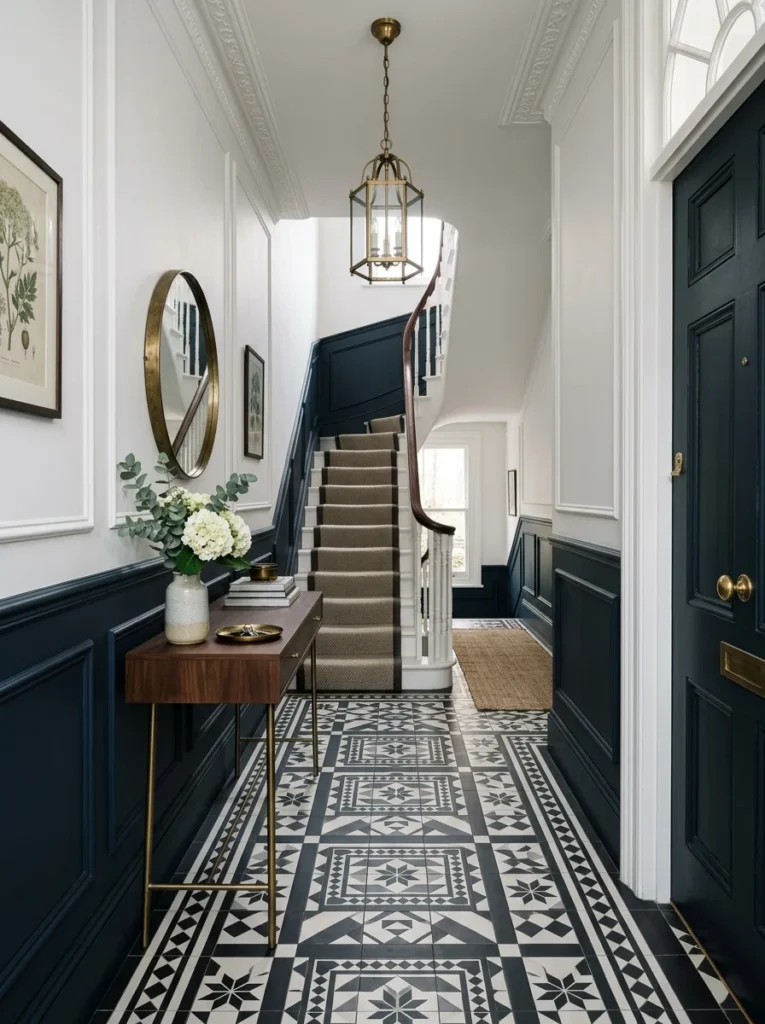 Hallway renovated with black and white patterned floor tiles.