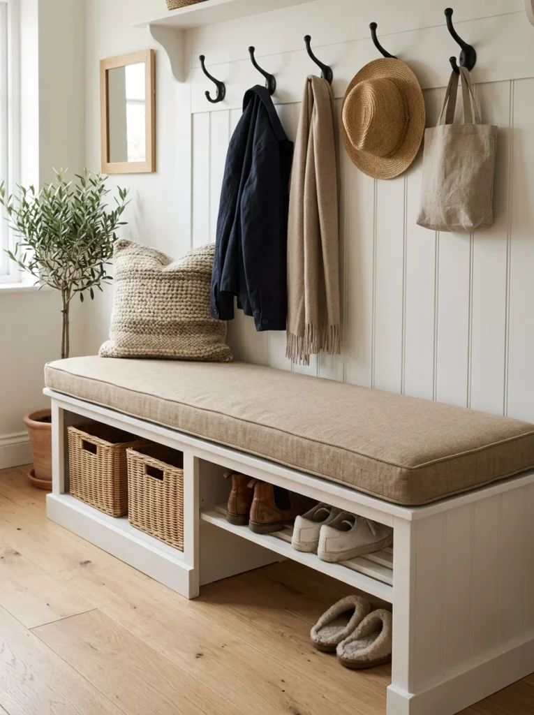 Comfortable linen cushion adding softness to a white mudroom storage bench.