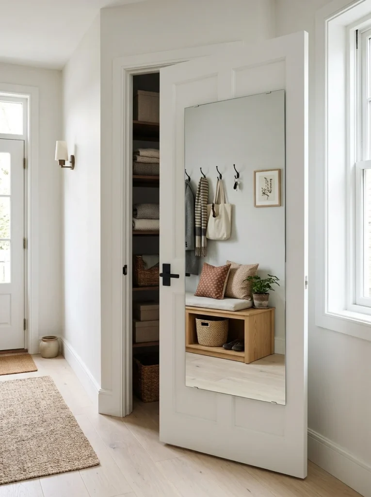 Full-length mirror mounted inside a mudroom coat closet door to save space.