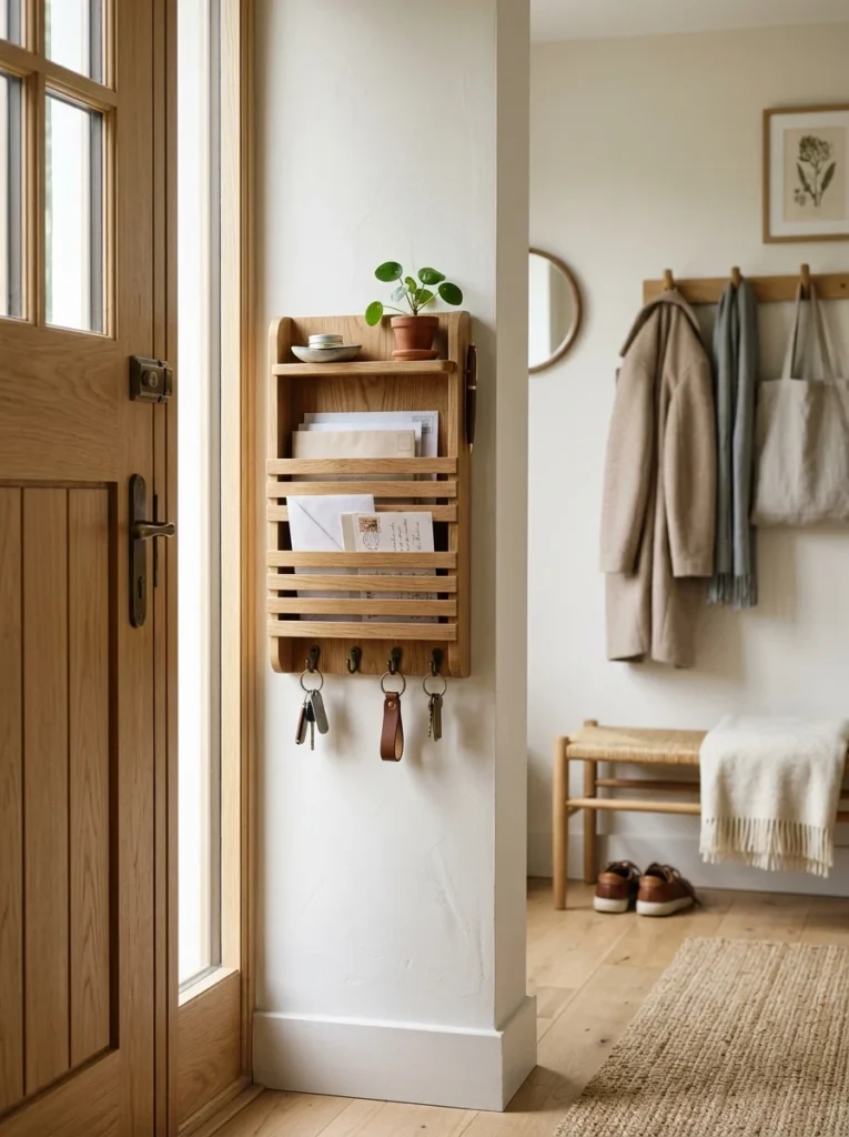 Wall-mounted entryway organizer providing dedicated storage for mail and keys.