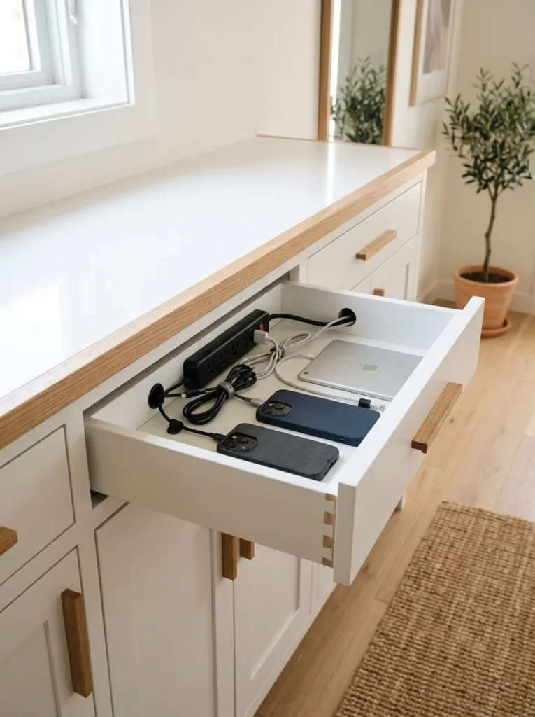 Hidden charging station drawer keeping phones, tablets, and charging cords organized.