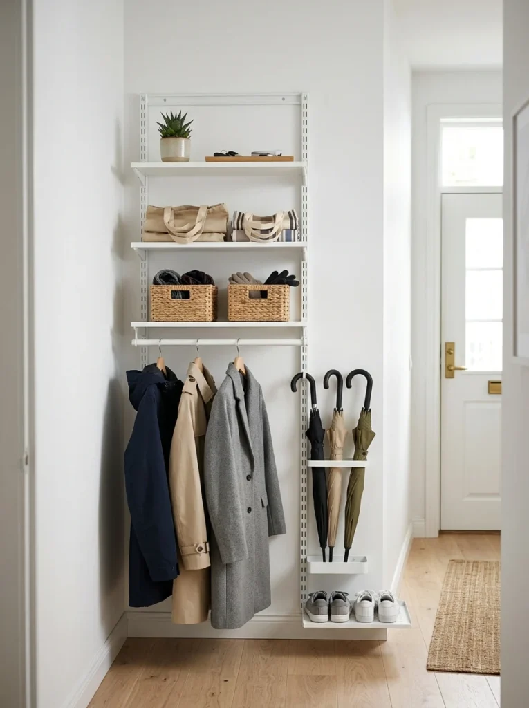 BOAXEL-style open shelving providing vertical storage in a narrow mudroom.