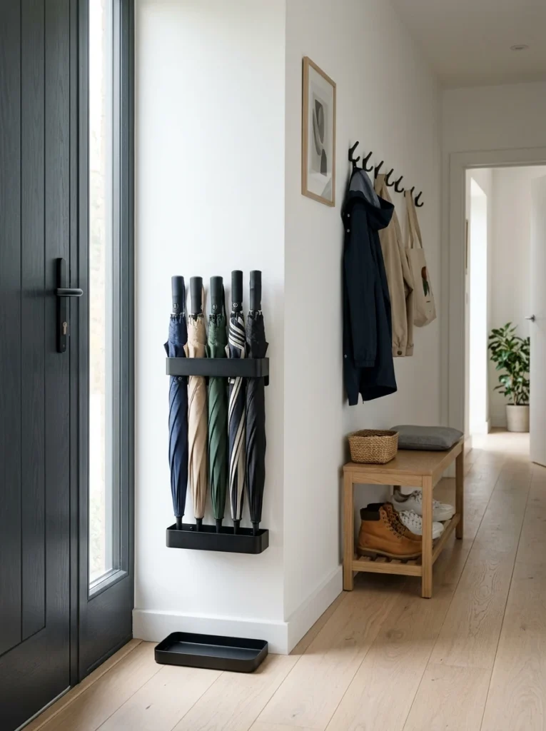 Wall-mounted vertical umbrella holder saving floor space in a narrow entryway.