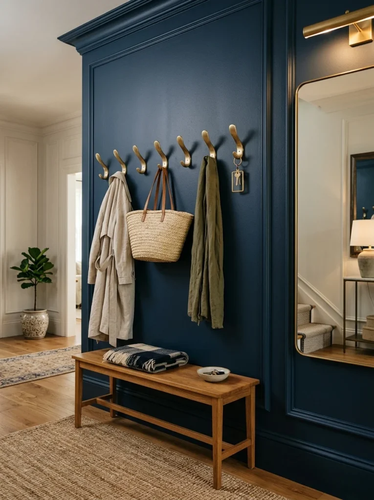 Decorative brass hooks installed on hallway wall paneling.
