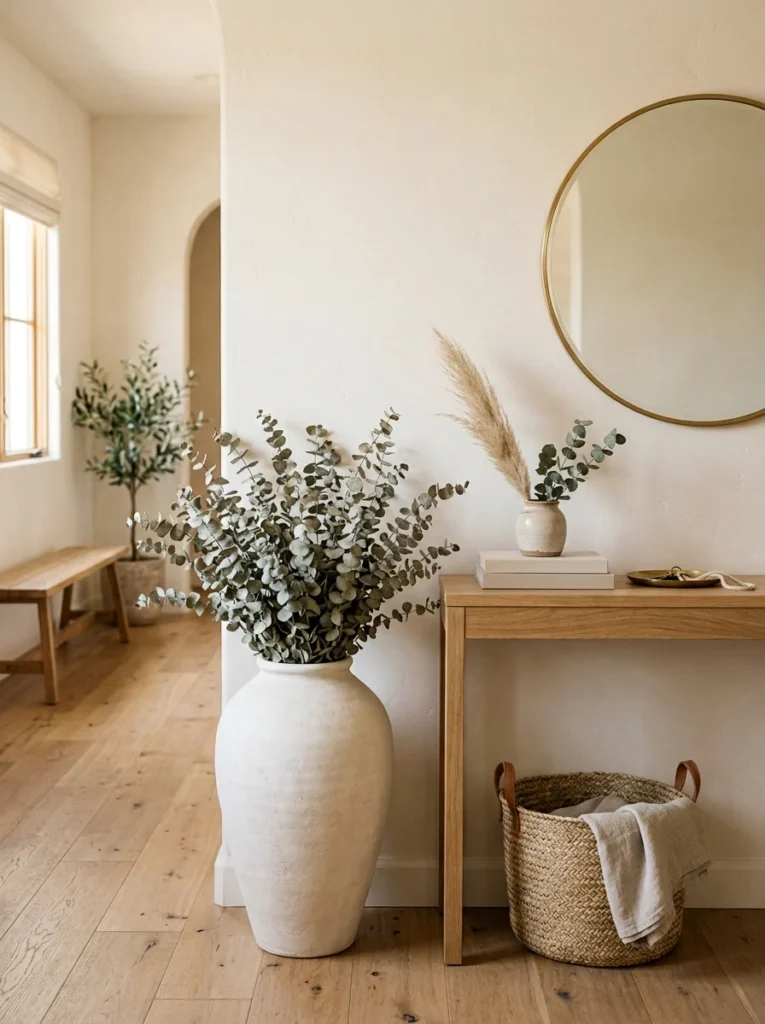 Dried eucalyptus branches decorating a minimalist entryway.