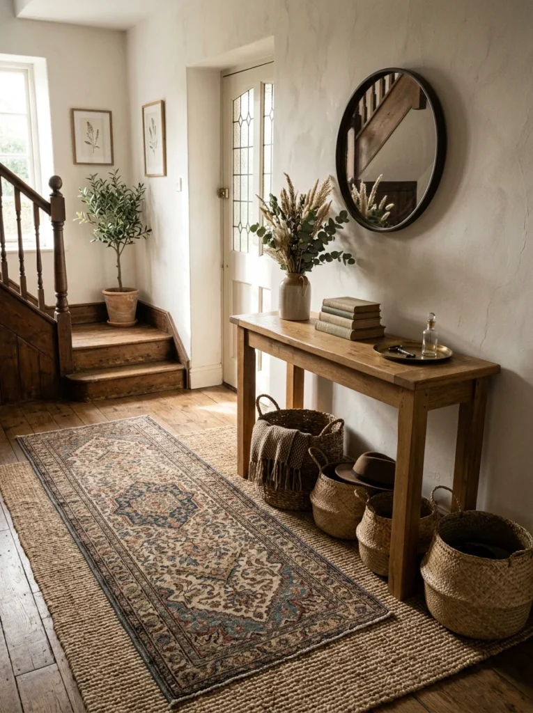 Layered rugs adding depth to an entryway.