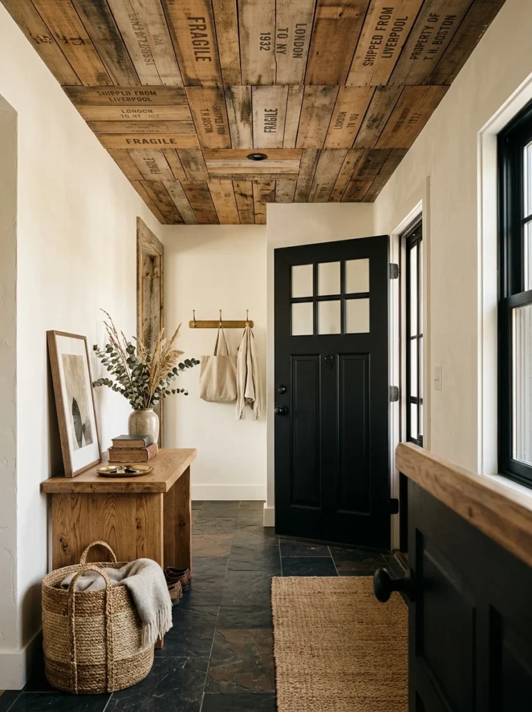 Recycled crate wood ceiling with vintage stamped markings.