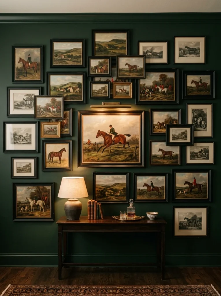 Vintage-style equestrian artwork arranged on a hunter green wall in a traditional living room.