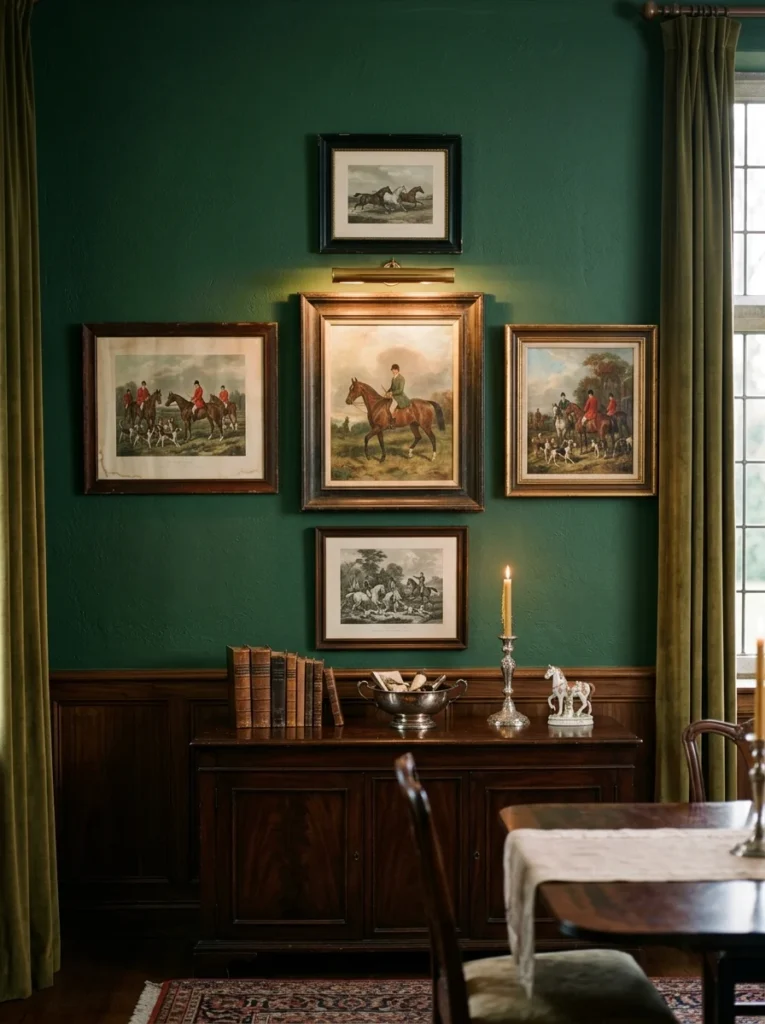 Vintage equestrian and fox hunting artwork displayed on a hunter green dining room wall.