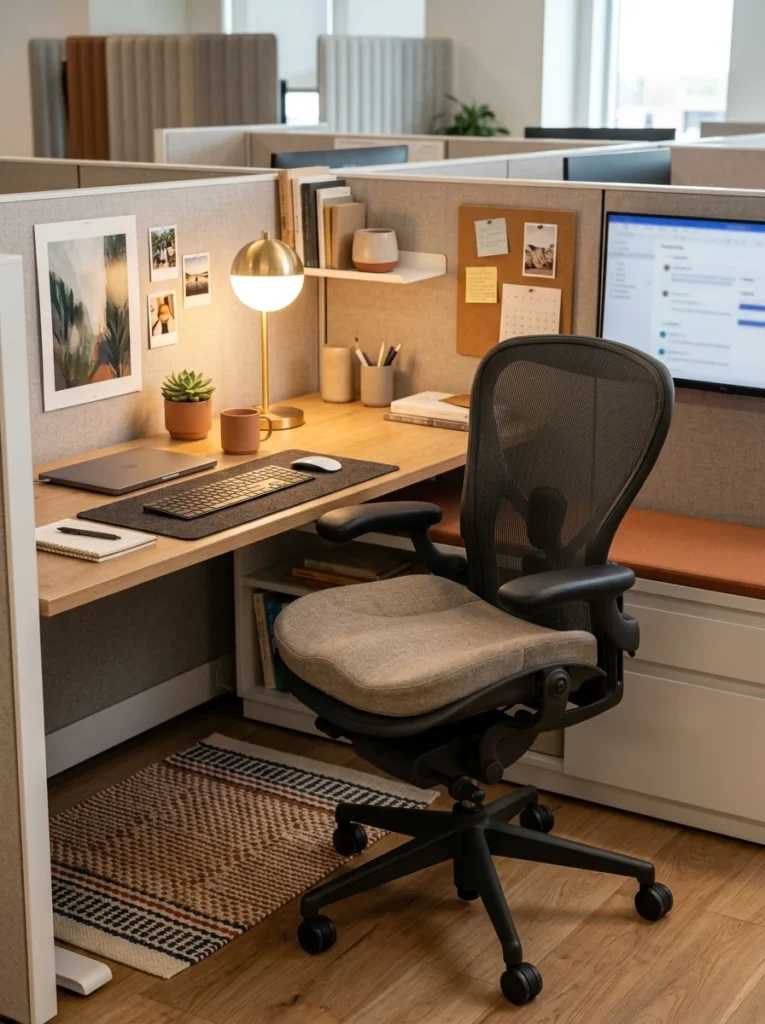 Supportive seat cushion on an office chair in a comfortable organized cubicle workspace.