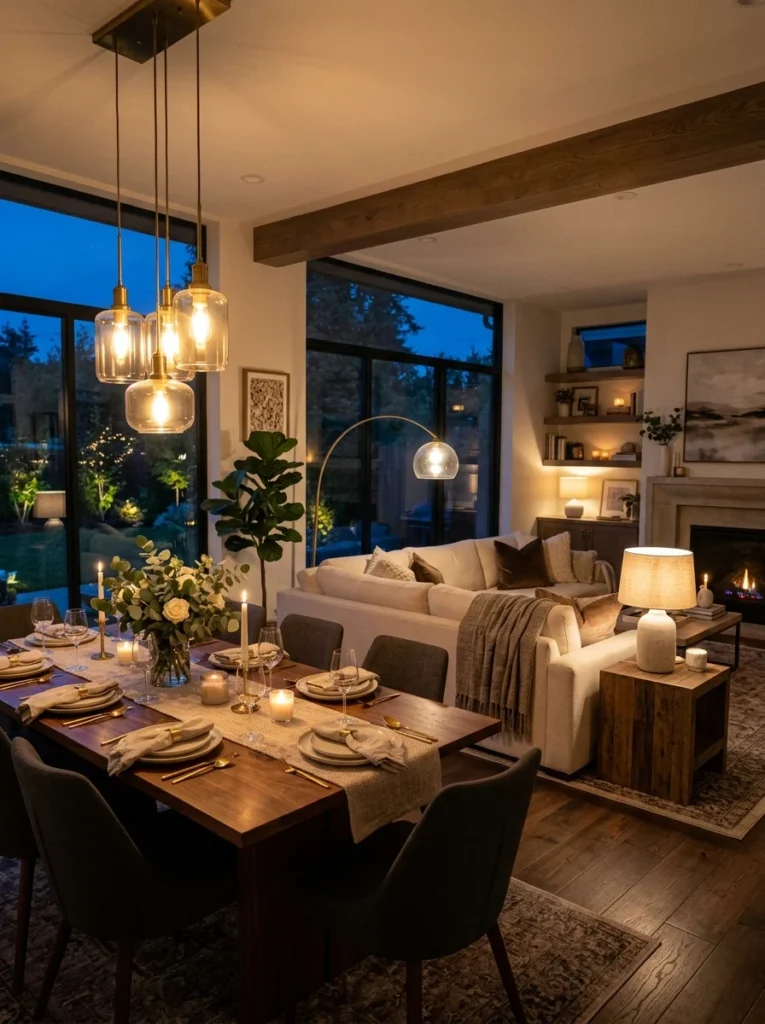 Functional layered lighting separating living and dining spaces.