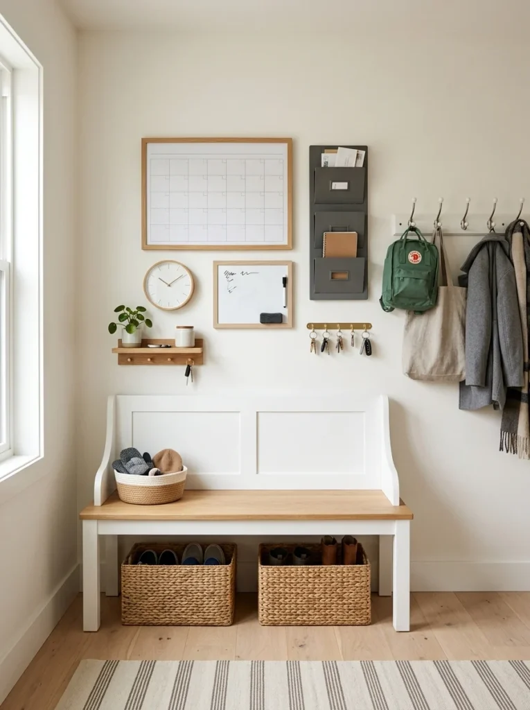 Family command center above a mudroom bench with calendar, mail storage, and key hooks.