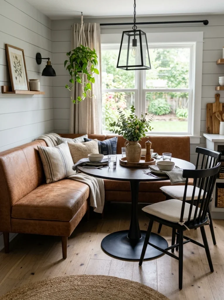 Fold-down dining table extension beside a banquette.