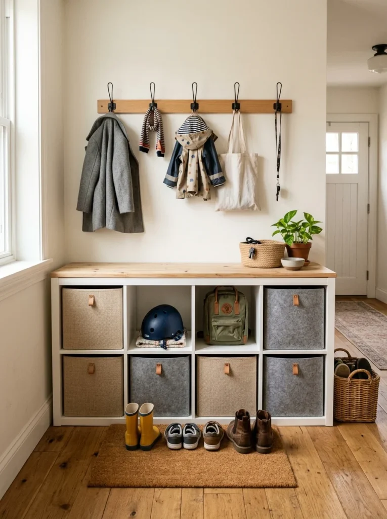 KALLAX-style cube storage with fabric bins organizing a family mudroom.