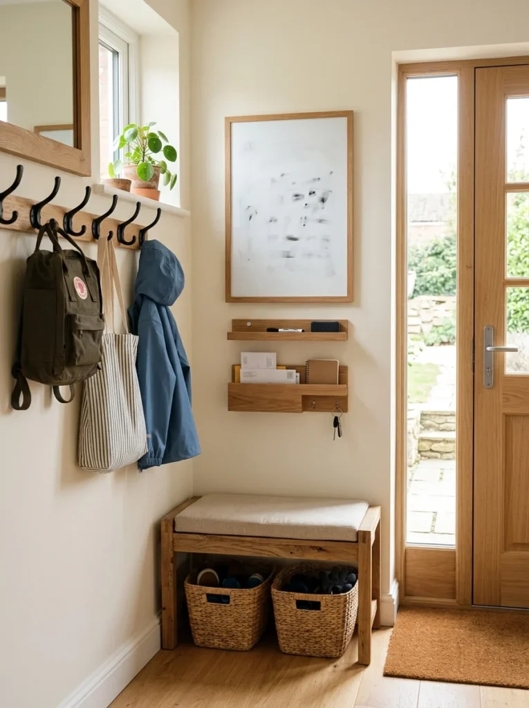 Small whiteboard panel creating a practical reminder station in a family mudroom.