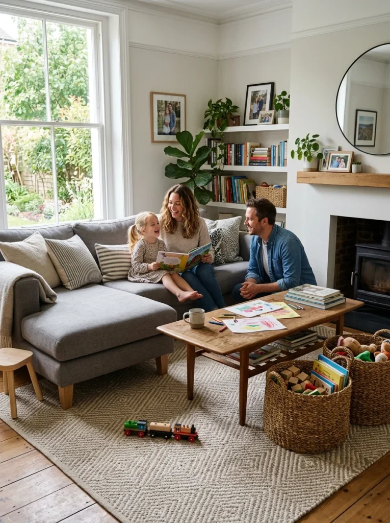 Durable outdoor rug used inside a family living room.