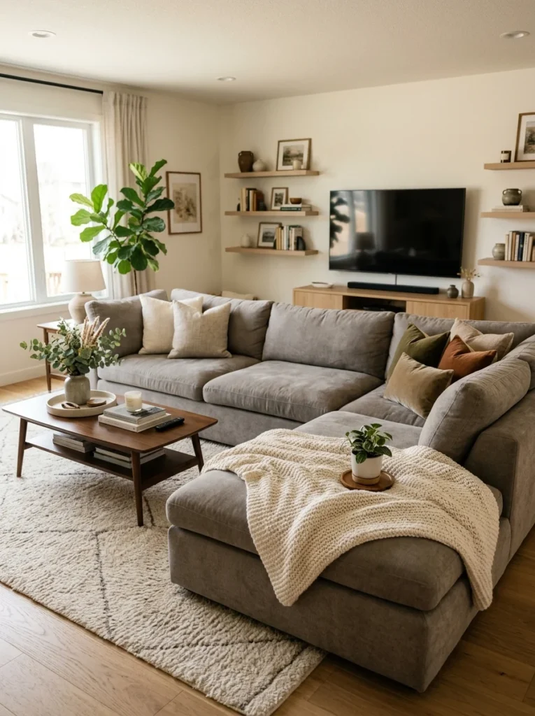 Wide deep sectional sofa with an oversized chaise designed for comfortable lounging.