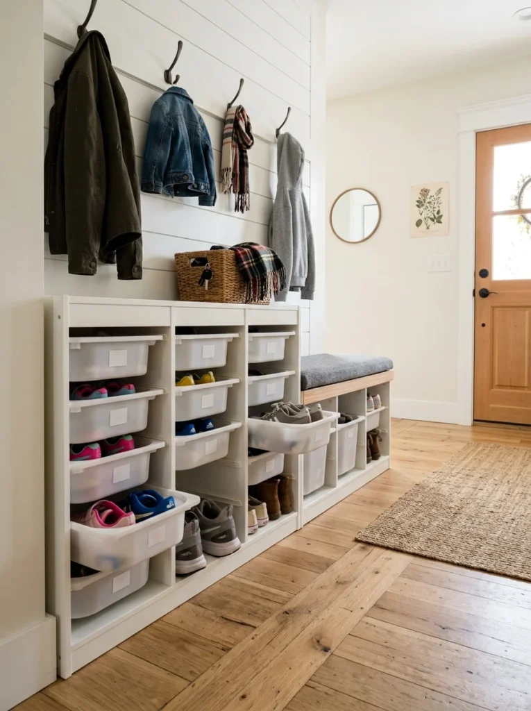 TROFAST-style pull-out bins organizing family shoes in a compact IKEA mudroom.