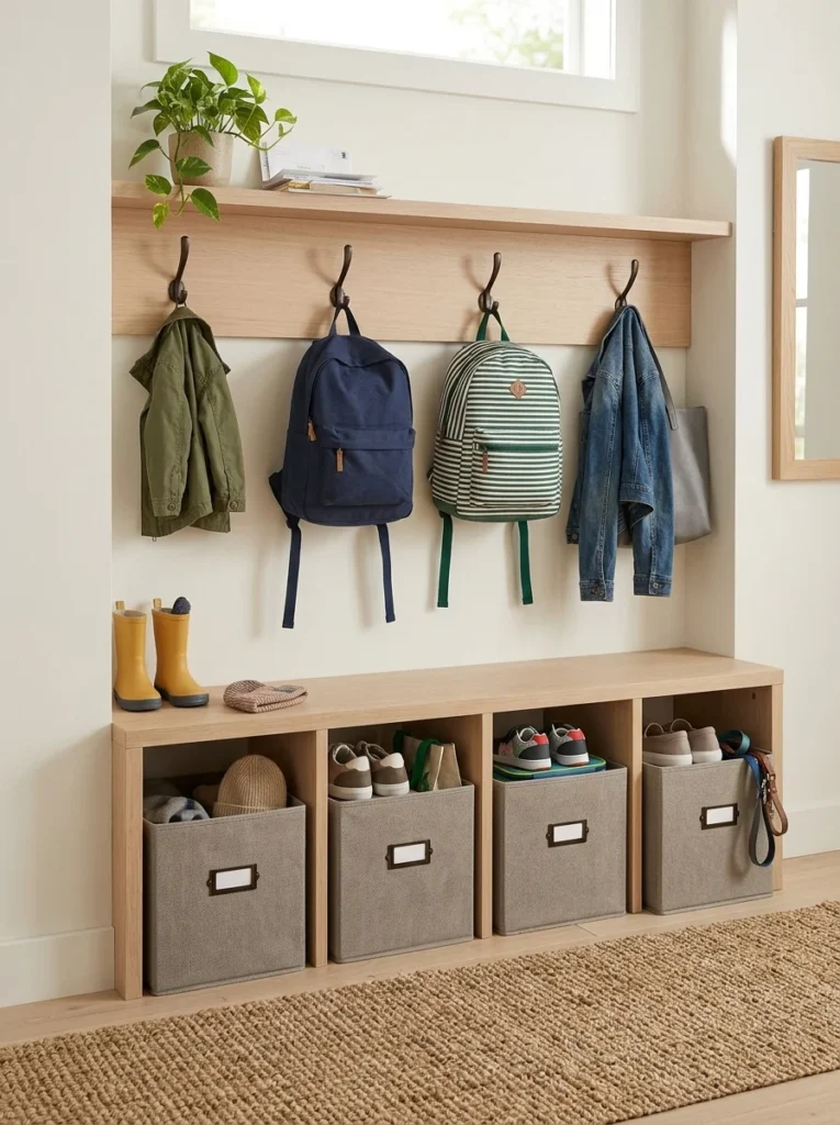 Individual storage bins keeping each family member's mudroom items organized.